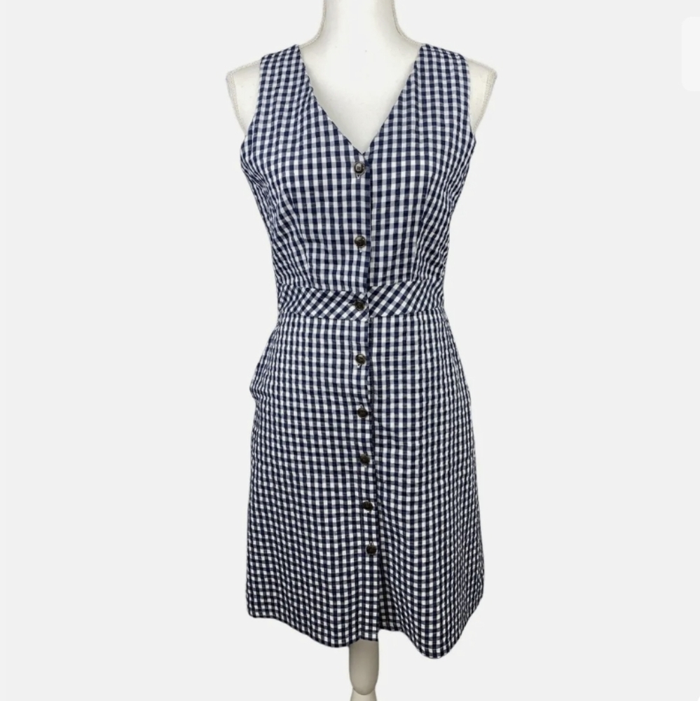 J. Crew Blue and White Gingham Sleeveless Button-Down Dress SZ 8